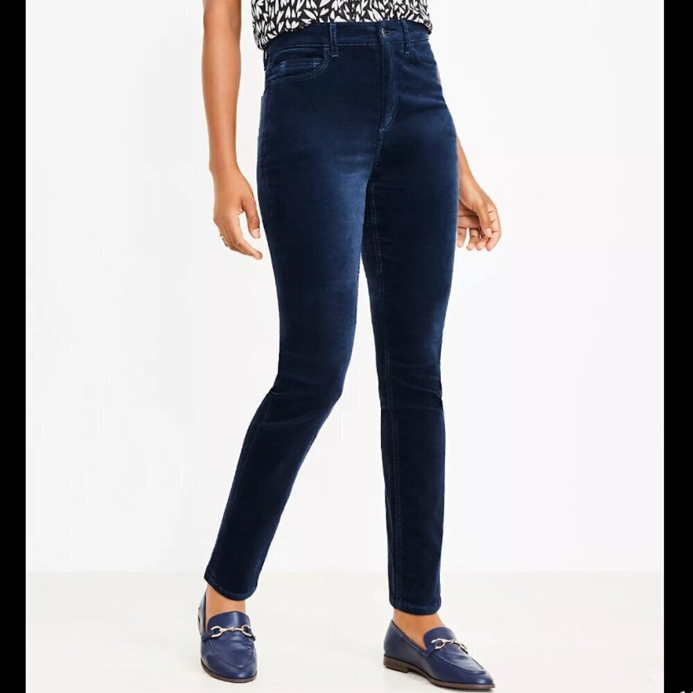 Loft Women's Size 26/2 Velvet Skinny Pants Navy Blue High Rise Stretch Cotton‎